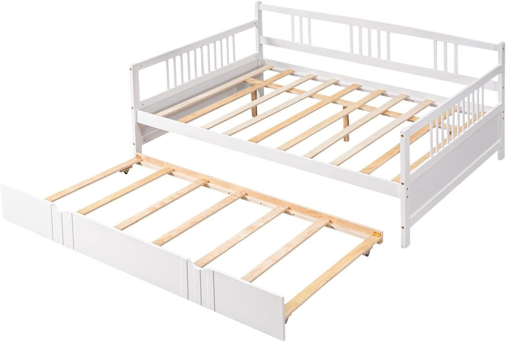 Full Size Trundle Bed, Full Size Bed Frame White Solid Wood Bohemian Sofa Bed with Metal Slats Daybed for Teen Adult Bedroom Living Room