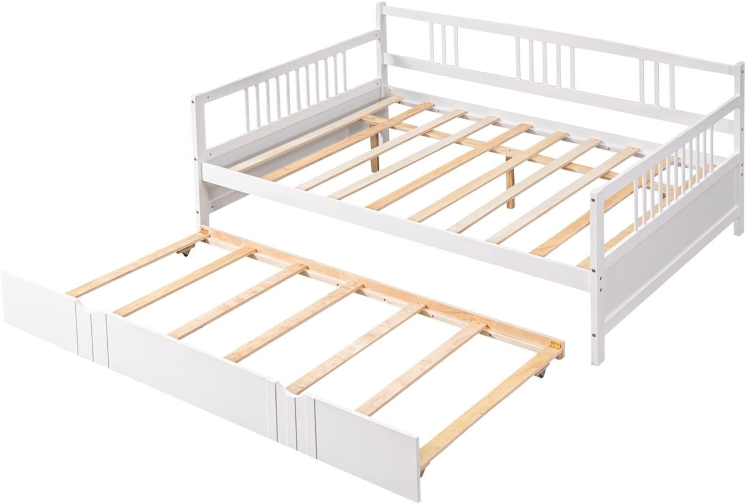 Full Size Trundle Bed, Full Size Bed Frame White Solid Wood Bohemian Sofa Bed with Metal Slats Daybed for Teen Adult Bedroom Living Room