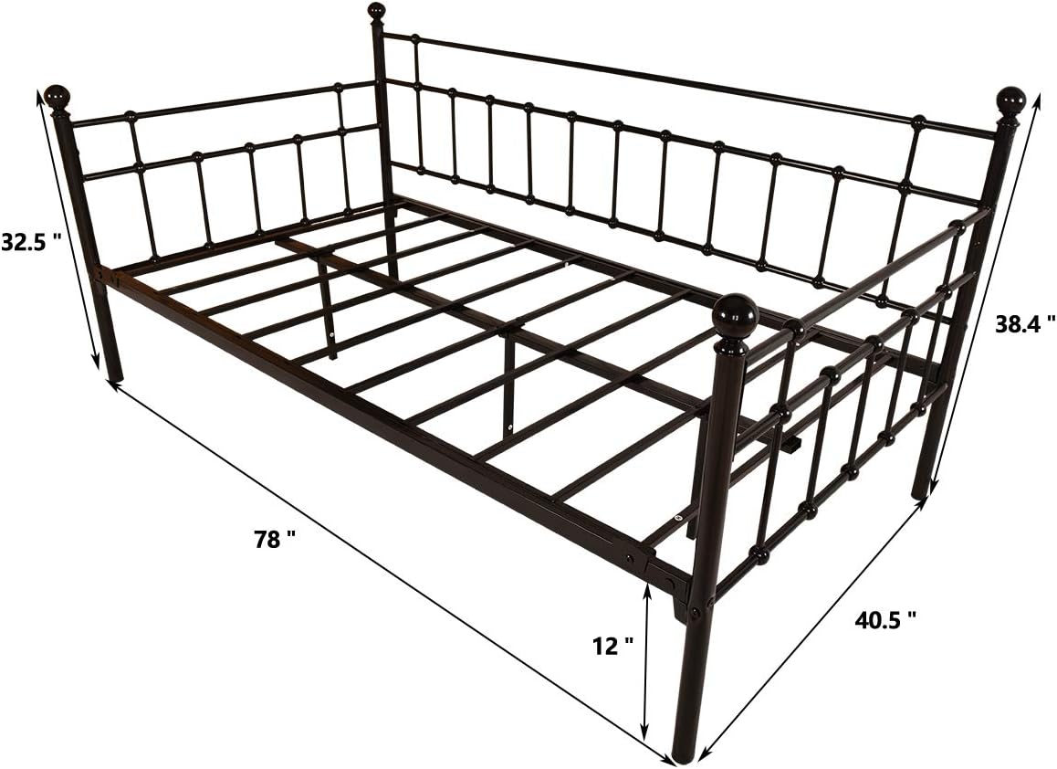 HOMERECOMMEND Metal Daybed Frame Twin Metal Slats Platform Base Box Spring Replacement Bed Sofa for Living Room Guest Room (Twin, Black)