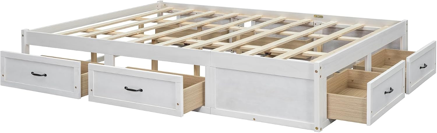 Queen Size Wooden Platform Bed with 6 Storage Drawers, No Box Spring Needed (Antique White, Queen)