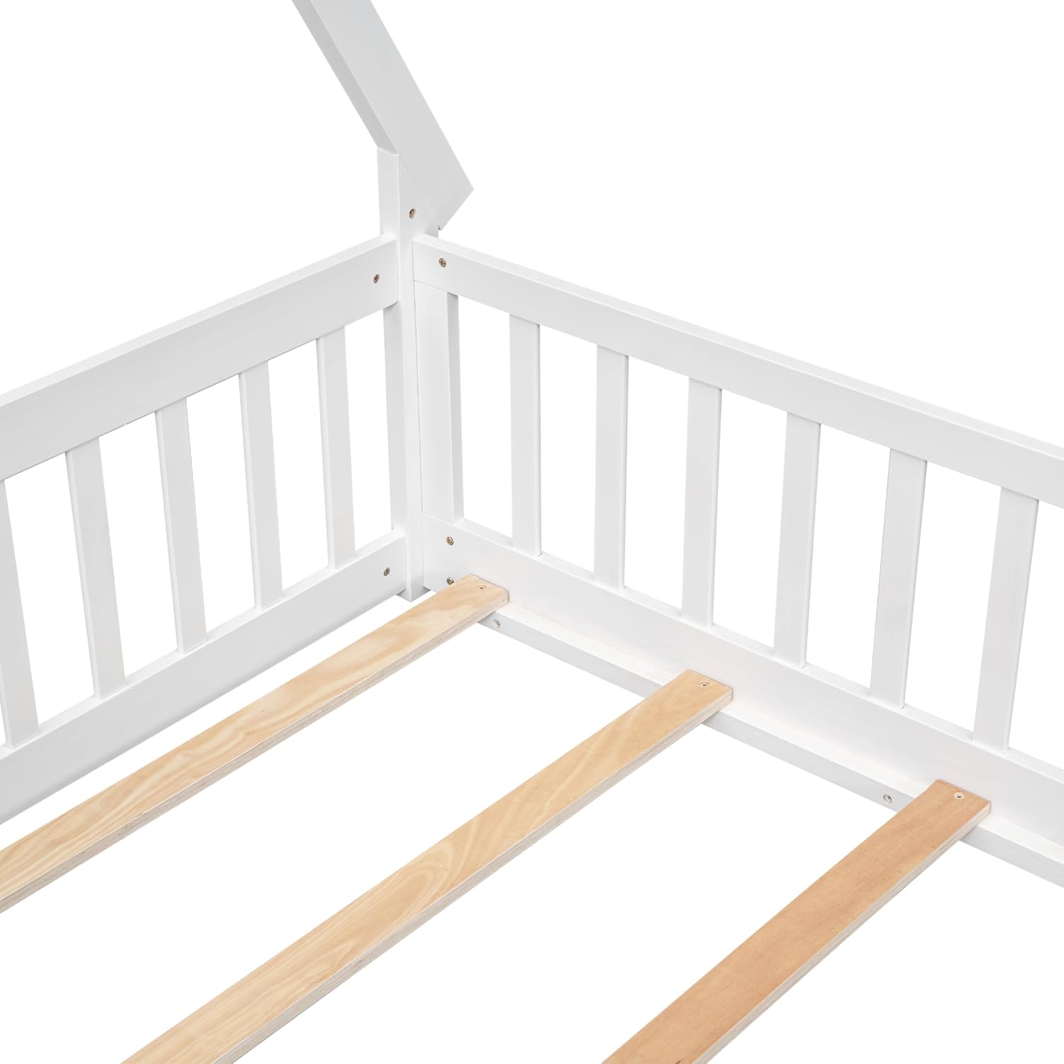 JIVOIT Full Size Tent-Shaped Floor Bed with Door, House Platform Bed Tent Bed Frame with Fence-Shaped Guardrails and Wood Slats Support, Wood Floor Play House Bed for Kids Boys Girls Teens (White,2)
