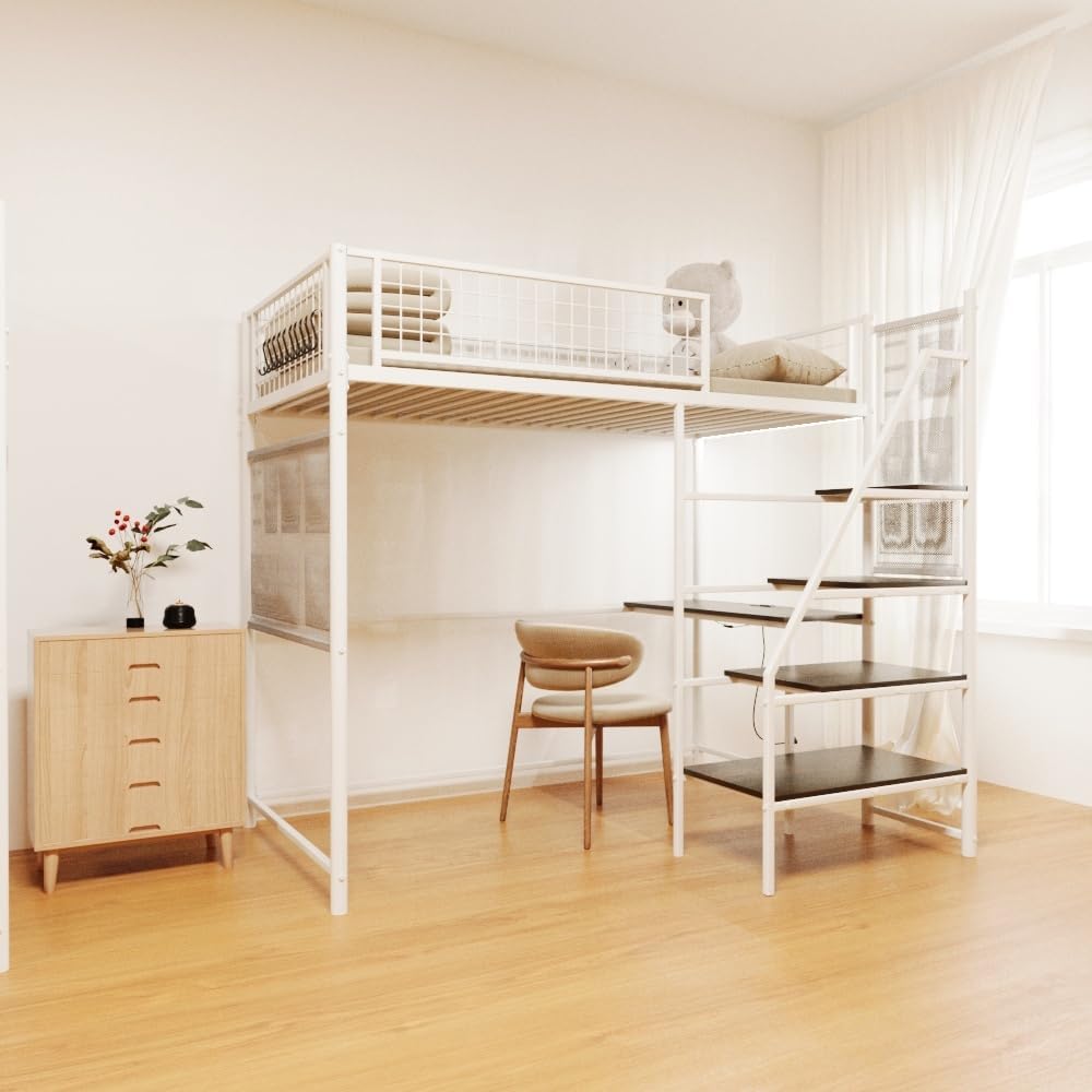 Twin Sized loft Metal Bed with Black for Bedroom and Dormitory, with Built-in Charging Station and LED Lighting (White + Metal & Wood + Bedroom)