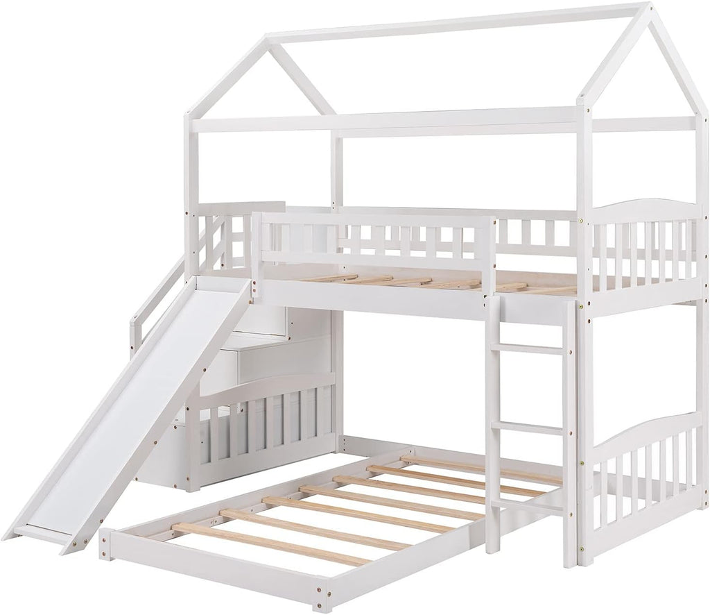 Twin Over Twin Bunk Beds with Slide and Storage Steps, Bunk Bed for Kids Toddlers, Playhouse Farmhouse Roof Guardrail Ladder 2 Drawers, for Girls/Boys, No Spring Box Required (White+Storage Steps)