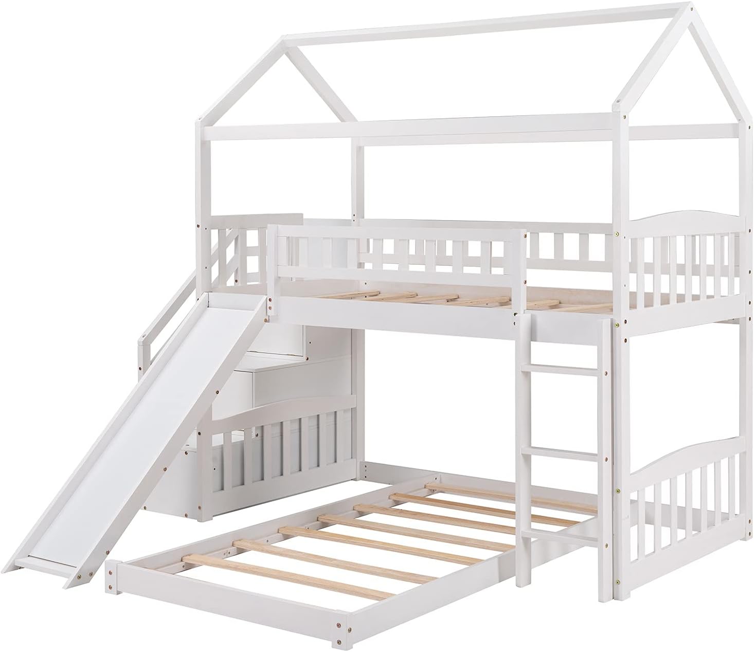Twin Over Twin Bunk Beds with Slide and Storage Steps, Bunk Bed for Kids Toddlers, Playhouse Farmhouse Roof Guardrail Ladder 2 Drawers, for Girls/Boys, No Spring Box Required (White+Storage Steps)