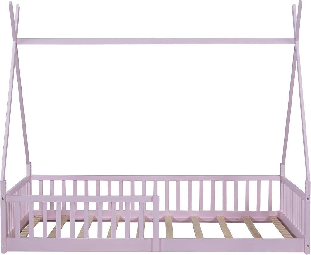 JIVOIT Twin Size Wood House Bed with Fence, House Platform Bed with Roof, Twin Montessori Bed Frame, Wood Slats Support, No Box Spring Needed (Pink/74)