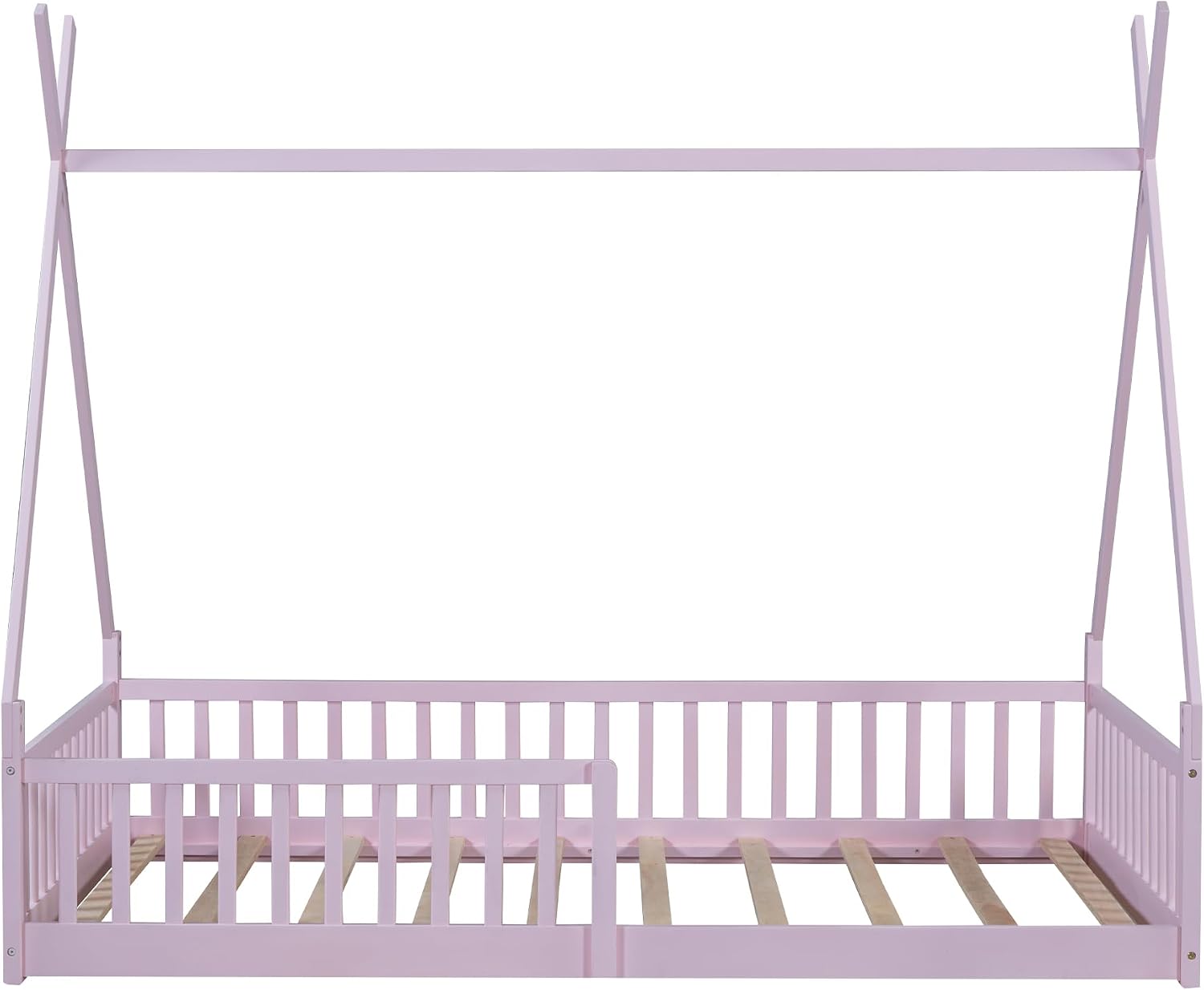JIVOIT Twin Size Wood House Bed with Fence, House Platform Bed with Roof, Twin Montessori Bed Frame, Wood Slats Support, No Box Spring Needed (Pink/74)