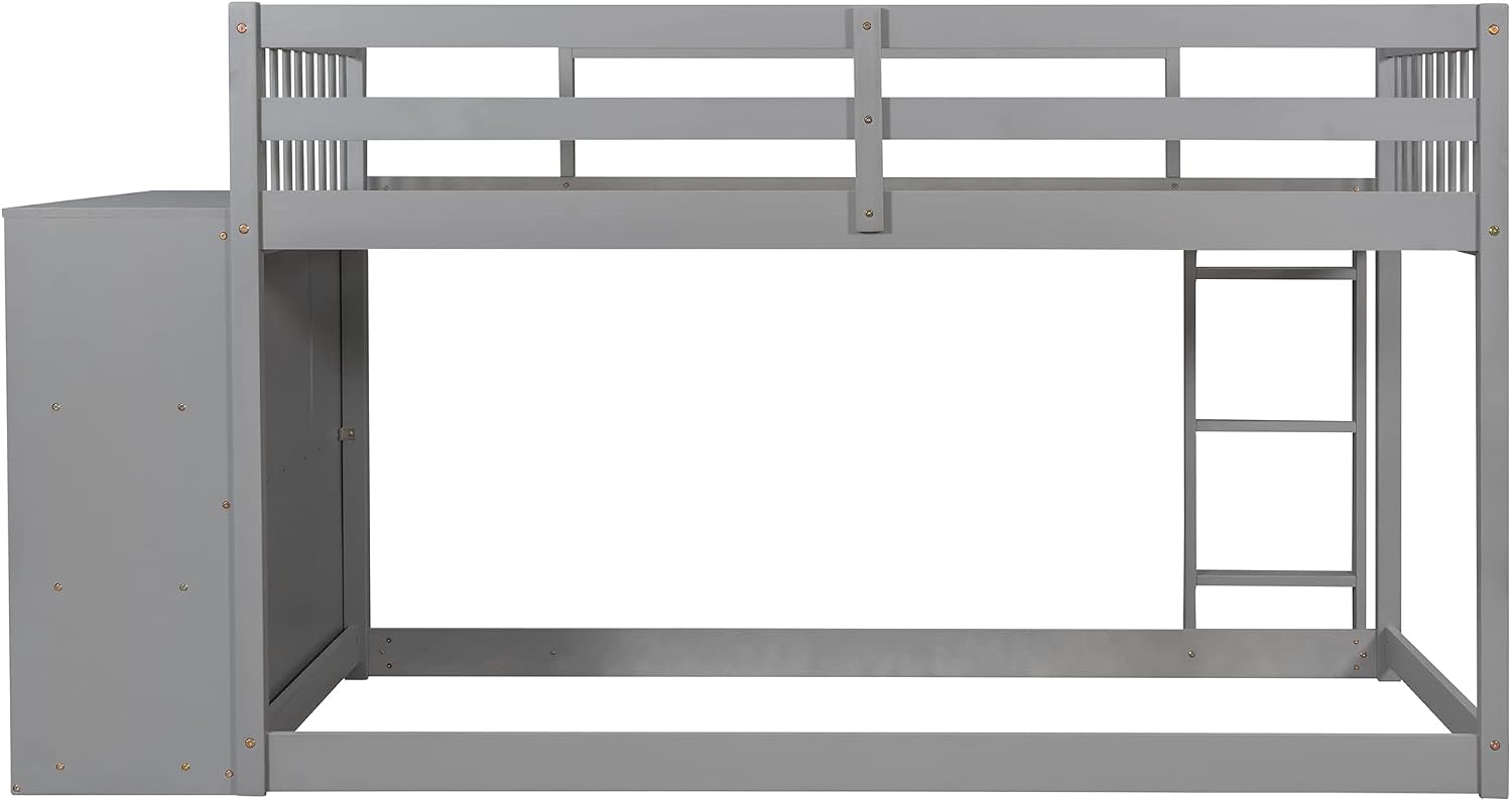 Twin-Over-Twin Size Bunk Bed, Bedroom Furniture Pine Wood Bed Frame with Storage Drawers and Open Shelves, Drawers and Shelves Set Can Be Moved, for Kids & Teens (Gray)