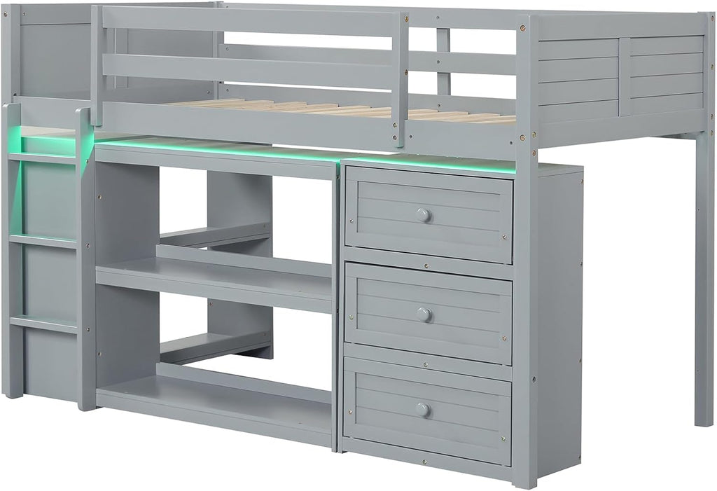Giantex Loft Bed Twin Size with LED Lights (Grey)