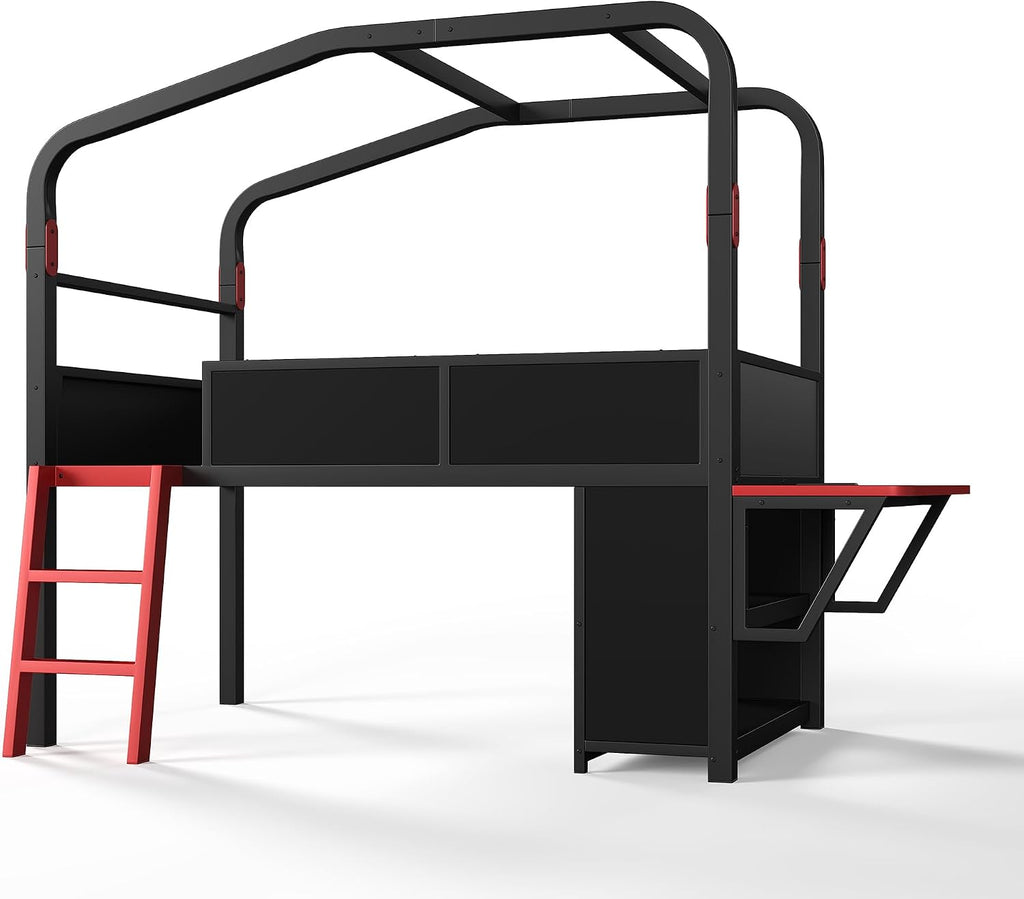 JIVOIT Twin Size Metal Loft Bed with Built-in Side Desk, Gaming Style Metal Low Loft Bed with Storage Cabinets, Chic Canopy Design, Easy Assembly