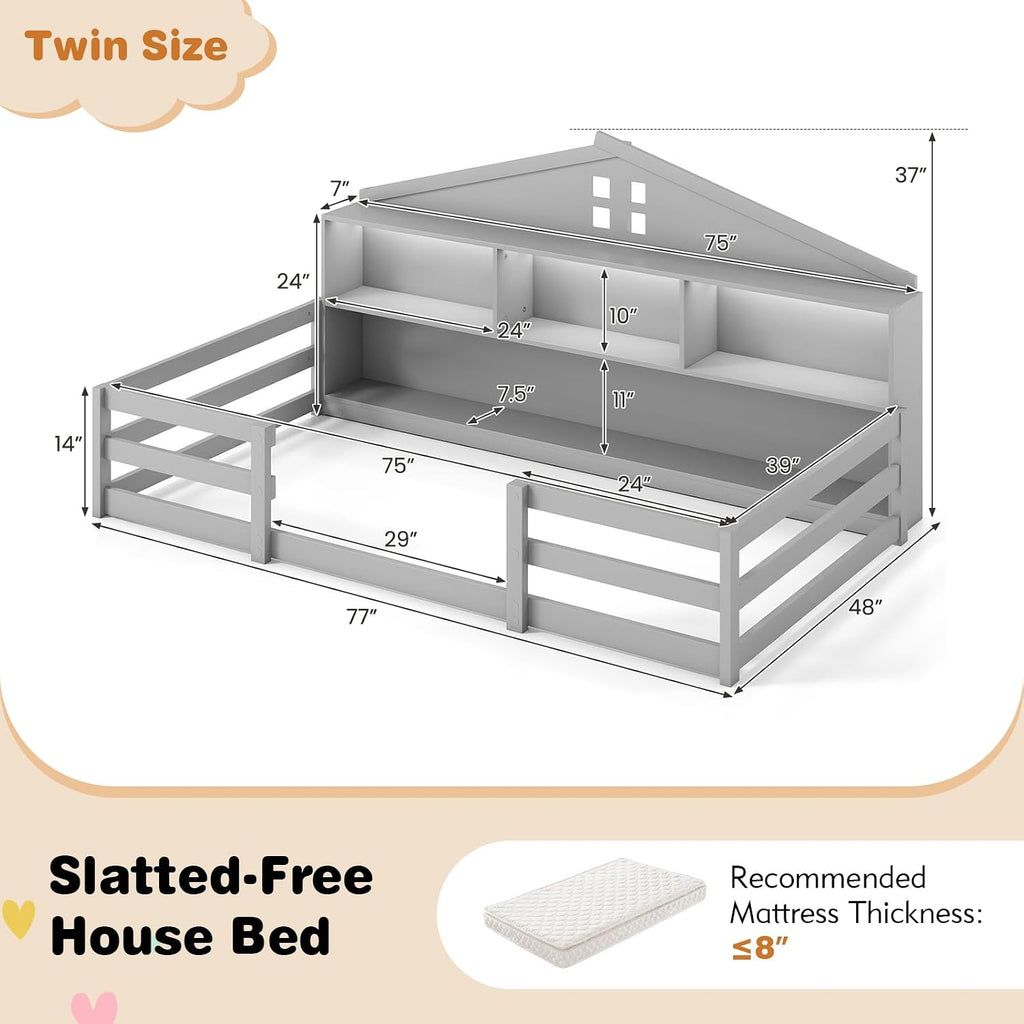 BECOMFORT Twin Floor Bed with LED Lights, 2-in-1 Kids Twin Floor Bed Frame with Bedside Bookcase & Safety Guardrails, Montessori Bed for Boys Girls
