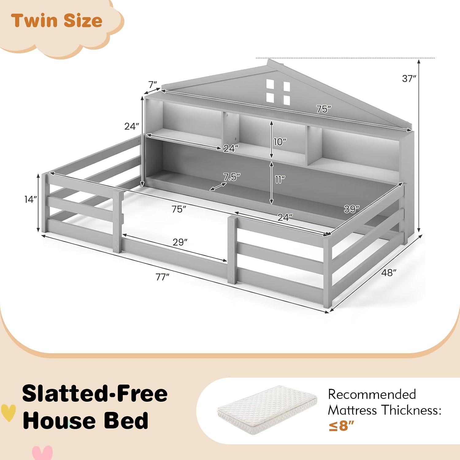 BECOMFORT Twin Floor Bed with LED Lights, 2-in-1 Kids Twin Floor Bed Frame with Bedside Bookcase & Safety Guardrails, Montessori Bed for Boys Girls
