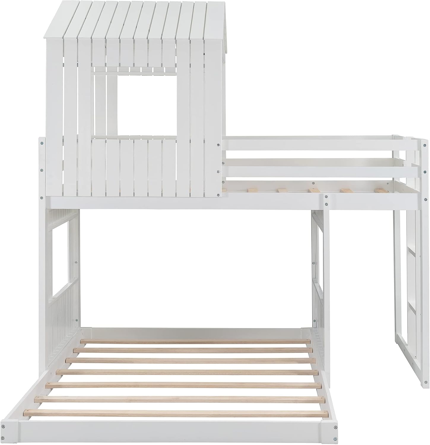 Twin Over Full Bunk Beds for Kids Toddlers, Wooden Play Farm House Bunk Bed with Roof Window Guardrail Ladder, for Girls Boys, No Spring Box Required (White-BUNK Bed-Twin-Full-4)