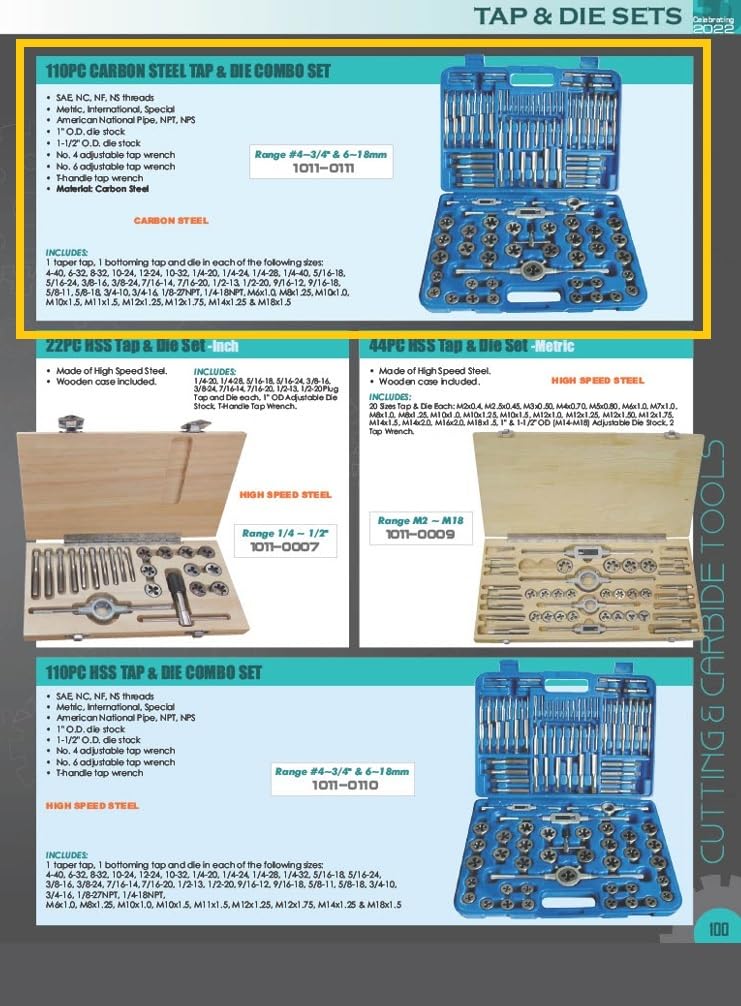 HHIP 1011-0111 110 Piece #4-3/4' and M6-18 Carbon Steel Tap and Die Set