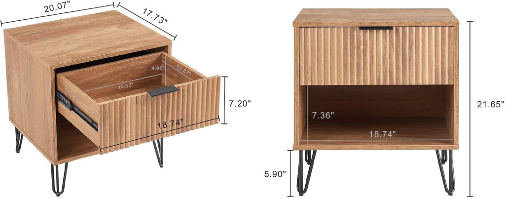 Manhattan Comfort Dumbo Fluted Nightstand with Drawer and Open Shelf, Gold Hairpin Legs and Metal Handle, Snap Tool-Free Assembly, Bedside Accent Table for Bedroom, Office, Living Room in Golden Brown