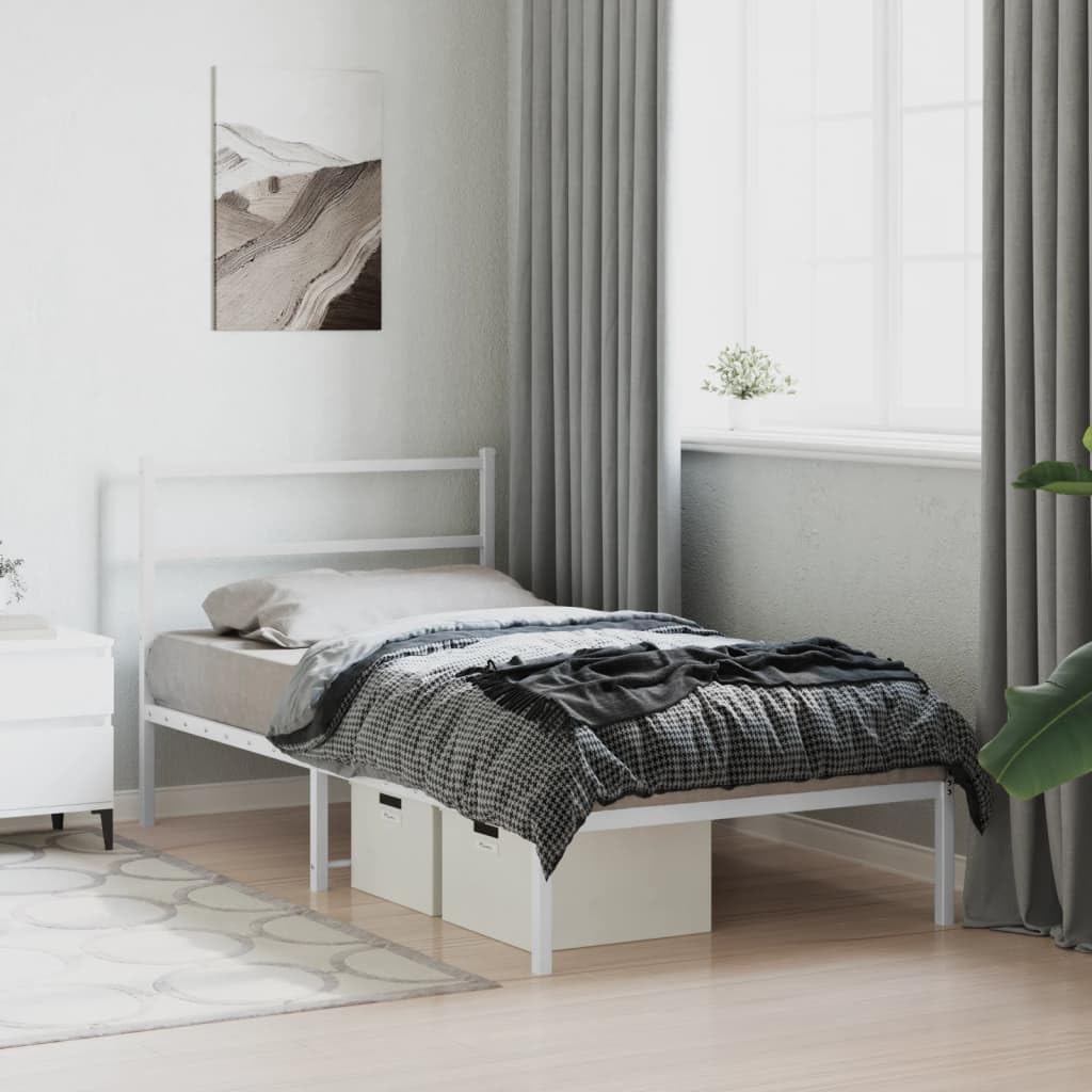 White Metal Bed Frame with Headboard Twin Size Modern Design Sturdy Powder Coated Steel Platform Bed Frame for Bedroom Guest Room