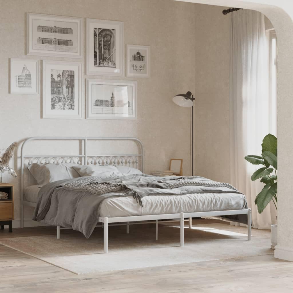 King Size Metal Bed Frame with Elegant Headboard, White Powder-Coated Steel Structure for Enhanced Support and Durability, 4-Piece Set for Modern Bedroom Decor