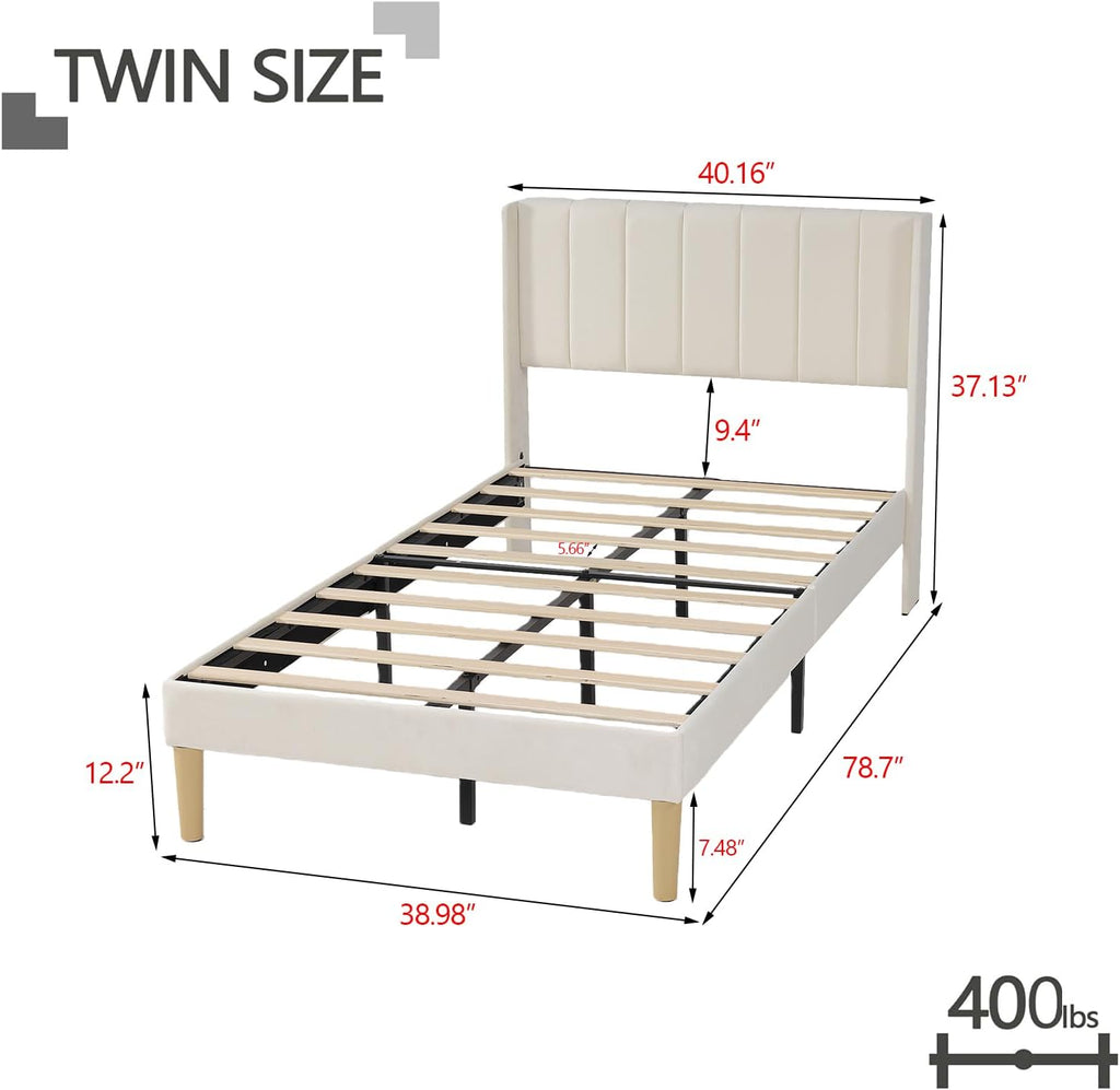 Twin Size Bed Frame with Headboard, Modern Upholstered Velvet Platform Bed, Heavy Duty Wooden Slats Support, No Box Spring Needed, Noise-Free & Easy Assembly, Beige