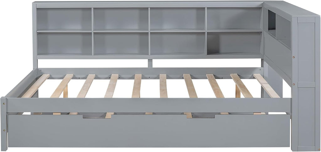 Modern Full Size Daybed with Trundle, Solid Wood Captain Platform Bed with Storage Cabinets and USB Ports, Low Floor Bed for Kids Teens Adult Bedroom, Easy Assembly (Gray-FF025)
