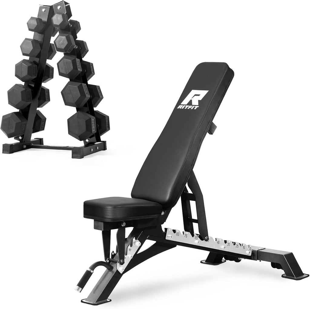RITFIT 300/350/650LBS Rubber Coated Hex Dumbbell Set with Rack and Multi-Position Weight Bench, 1300LB Capacity for Full Body Workout