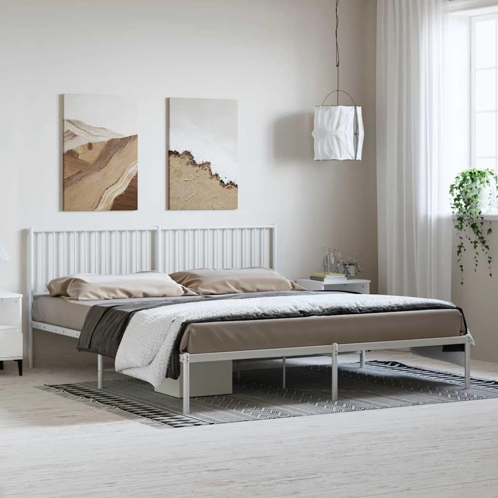 White Powder-Coated Steel Double Bed Frame with Headboard 73.6 x 86.2 x 35.6 in, 550 lb Capacity Modern Platform Bed Frame for Bedroom Guest Room and Apartment Living