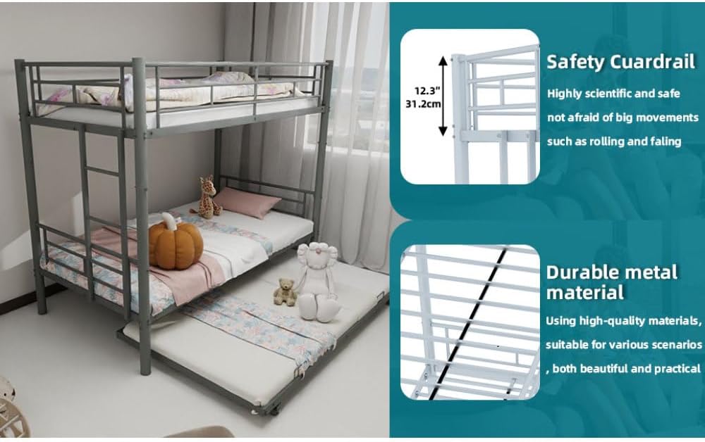 Twin Over Full Metal Bunk Bed, with Ladder & Full-Length Guardrail for Teens Adults, Noise Free (Silver + Metal + Twin)