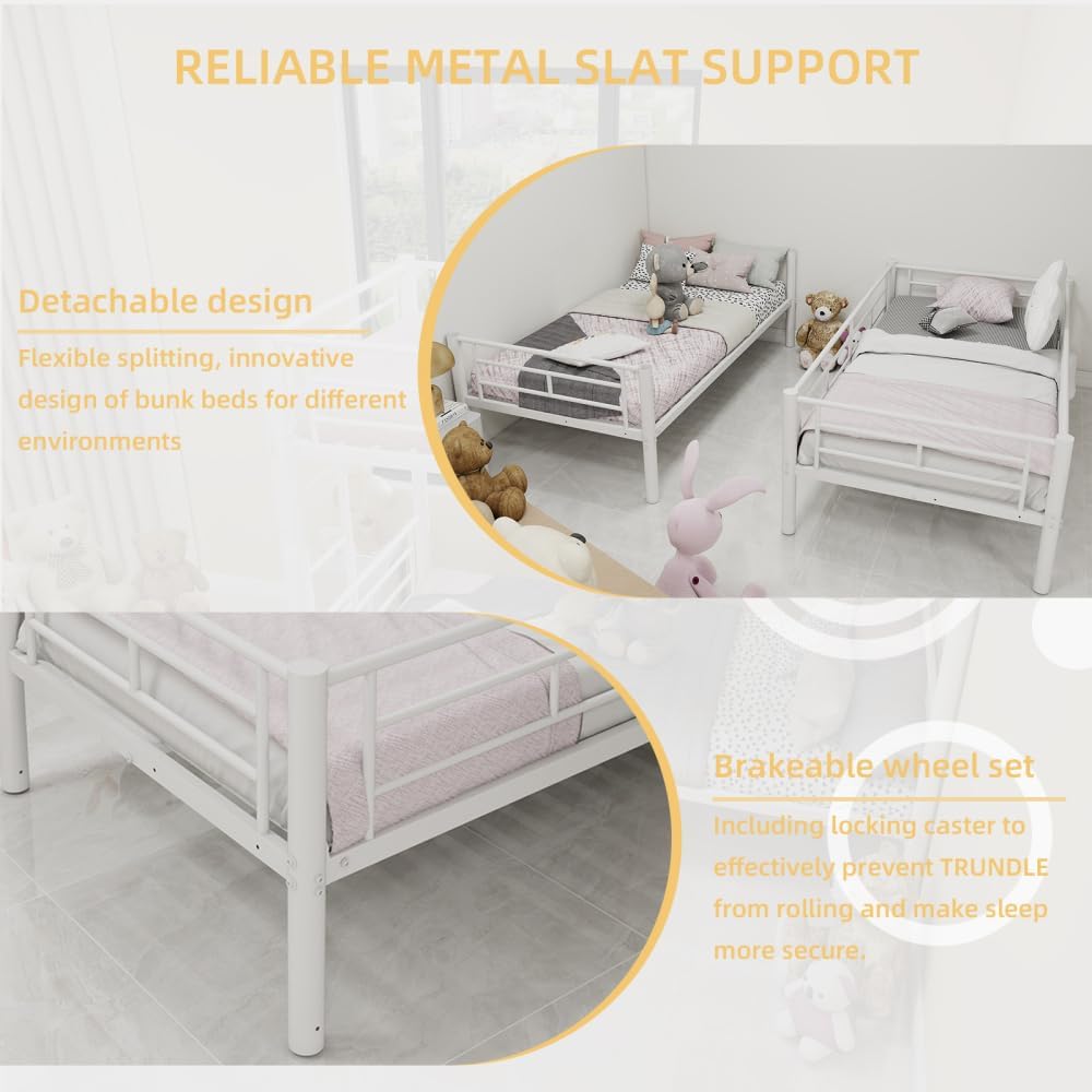 Twin Over Full Metal Bunk Bed, with Ladder & Full-Length Guardrail for Teens Adults, Noise Free (White + Metal + Metal-2)