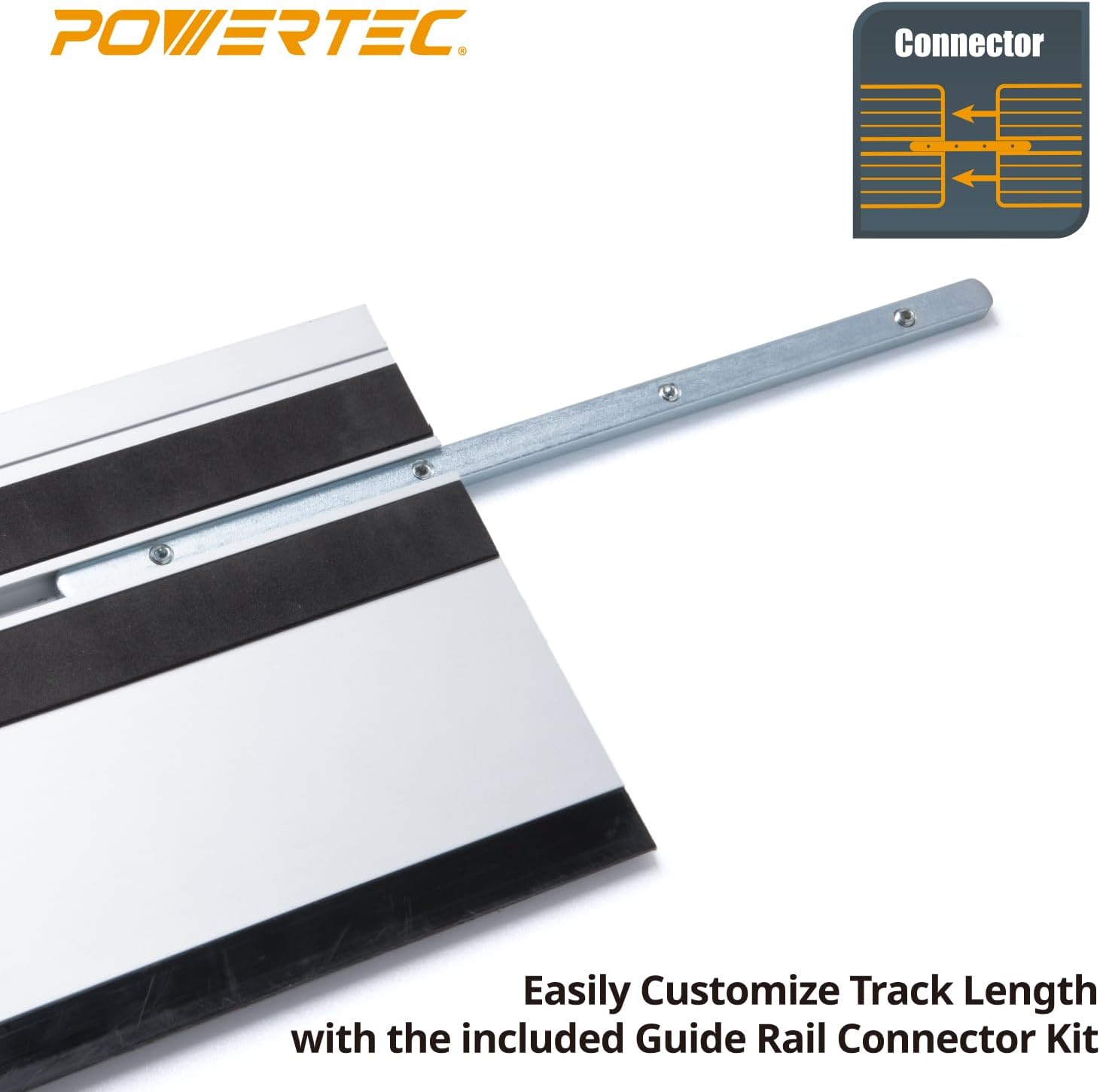 POWERTEC 72210 110' Track Saw Guide Rail Joining Set for Milwaukee Track Saws Includes 2x55 Guide Rails with Connectors, and Guide Rail Adapter for Fixed Base DeWalt, Makita & Milwaukee Trim Routers