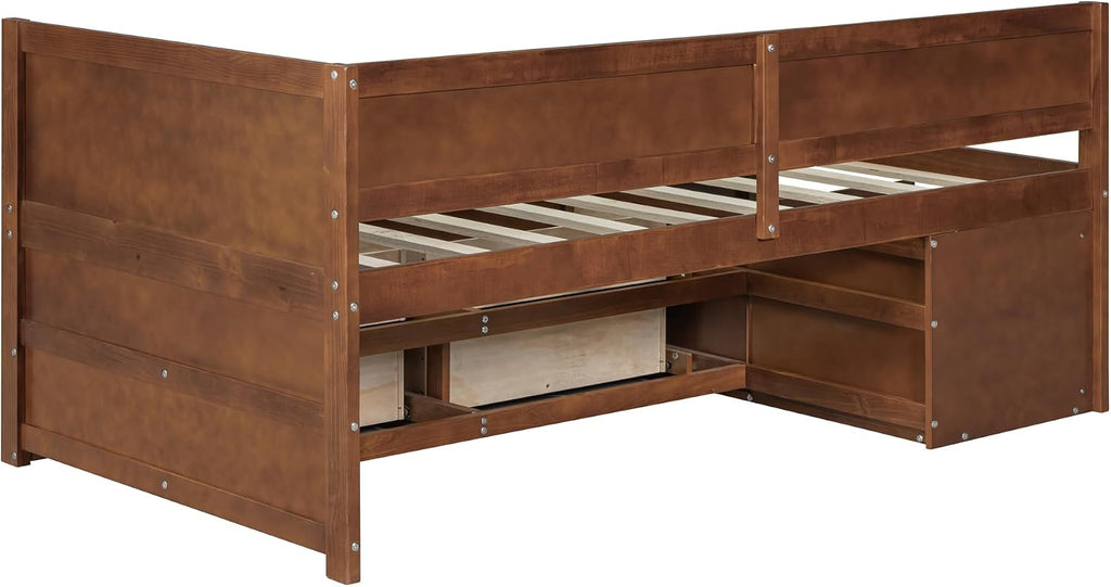Twin Size Daybed with 4 Pull-Out Drawers and 3 Functioning Shelves,Solid Wood Day Bed Frame with Wooden Slats Support for Bedroom,No Box Spring Required (Walnut-AB40)