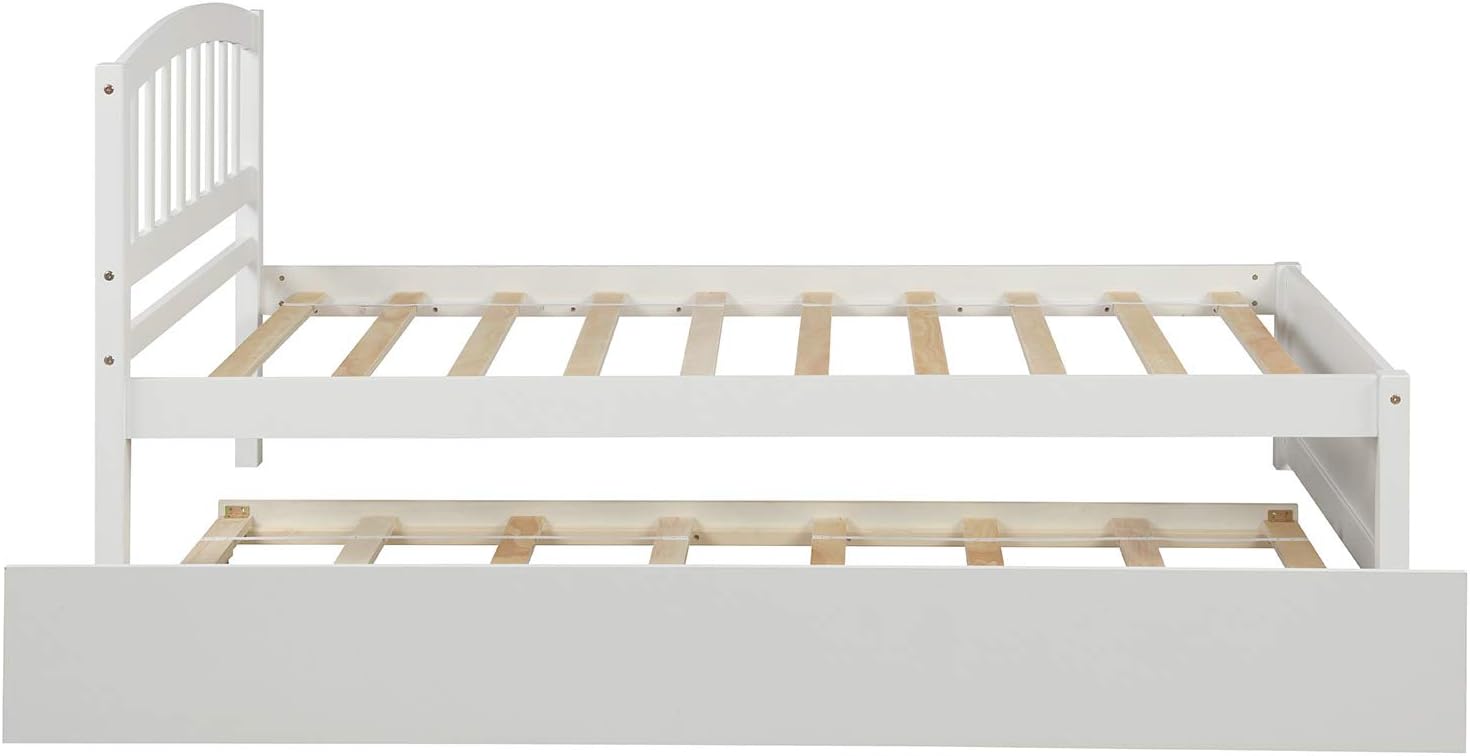 Modern Solid Wood Platform Bed with Trundle Classic Bed Frame with Headboard, No Box Spring Needed Space Saving, Twin White
