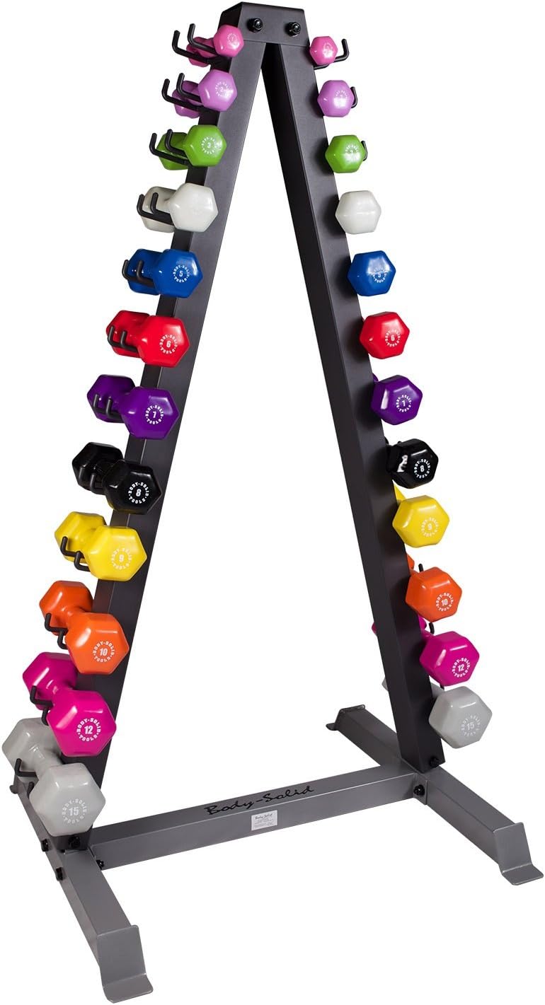 Body-Solid 12 Pairs Neoprene Dumbbell Set with Rack - Easy Grip, Color-Coordinated Weight Set for Jogging, Aerobics, Physical Therapy, Yoga, and General Exercise - 1-15 lbs Pair Hand Weight Sets