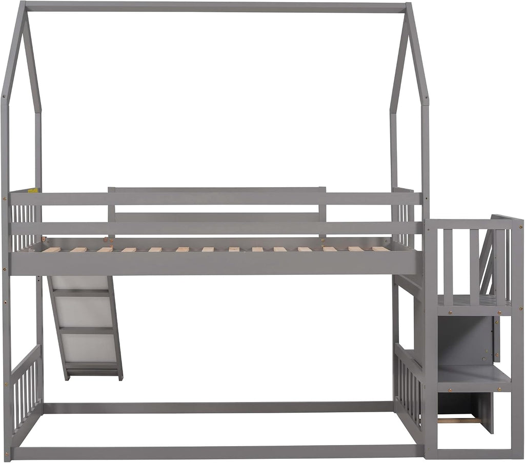 Wood House Bunk Bed for Kids Toddlers, Twin Over Twin Bunk Bed with Convertible Slide, Storage Staircase Can be Placed Left or Right, No Spring Box Required (Gray+House03)