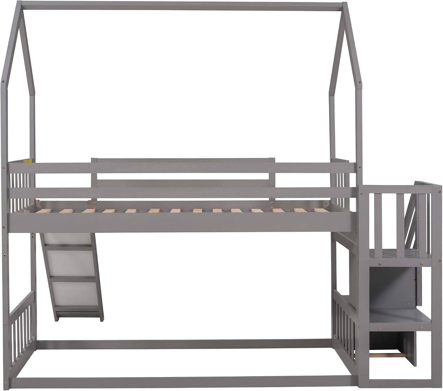 Wood House Bunk Bed for Kids Toddlers, Twin Over Twin Bunk Bed with Convertible Slide, Storage Staircase Can be Placed Left or Right, No Spring Box Required (Gray+House03)