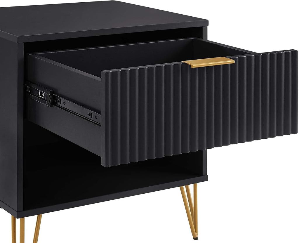 Manhattan Comfort Dumbo Fluted Nightstand with Drawer and Open Shelf, Gold Hairpin Legs and Metal Handle, Snap Tool-Free Assembly, Modern Bedside Accent Table for Bedroom, Office, Living Room in Black