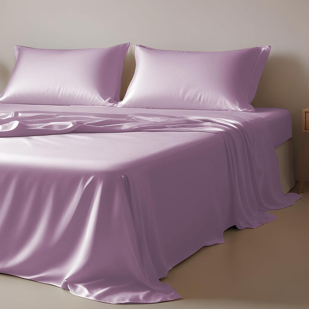 Twin XL Size 4-Piece Sheet Set Premium Mulberry Silk Bed Sheets Set Fits 14-16' Deep Pocket - Luxurious Soft Silk (Solid, Lavender)