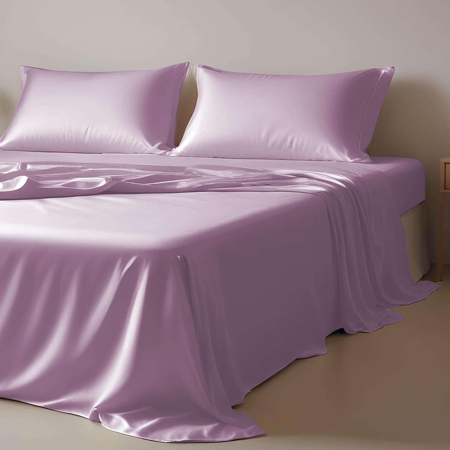 Twin XL Size 4-Piece Sheet Set Premium Mulberry Silk Bed Sheets Set Fits 14-16' Deep Pocket - Luxurious Soft Silk (Solid, Lavender)