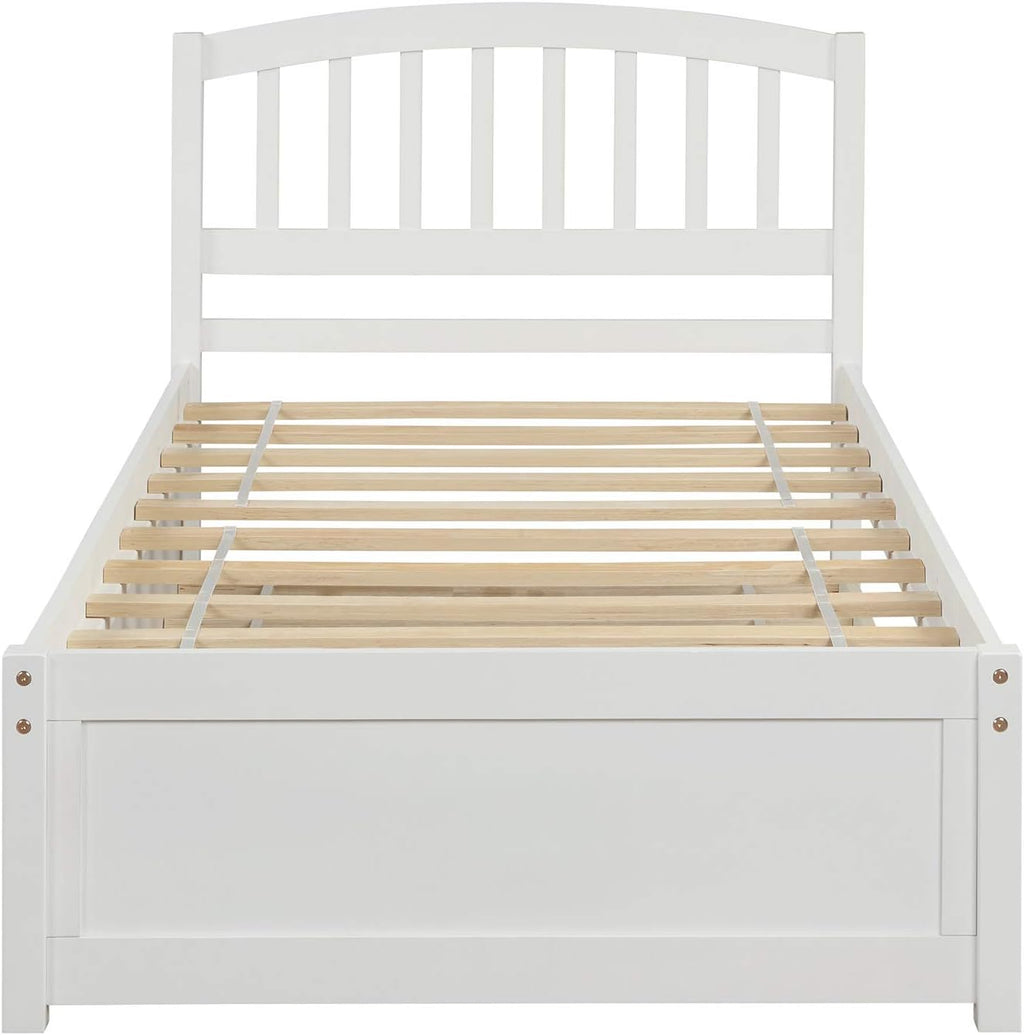 Modern Solid Wood Platform Bed with Trundle Classic Bed Frame with Headboard, No Box Spring Needed Space Saving, Twin White