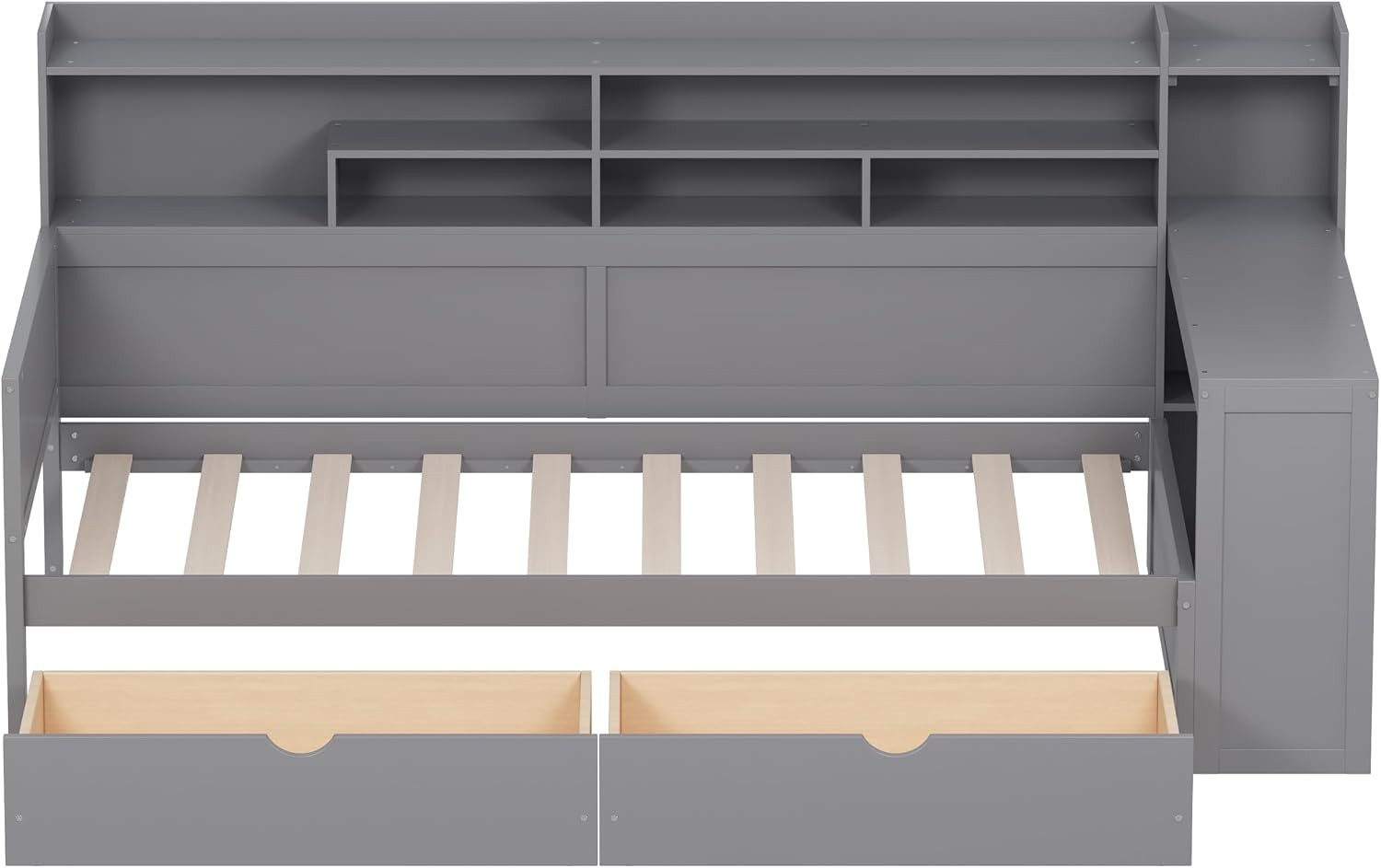 Mirightone Corner Twin Bed Frame with Bookcase Storage and Desk, Wood Day Beds with 2 Drawers, Twin Size Daybed with Storage for Living Room,Bedroom & Guest Room, Gray