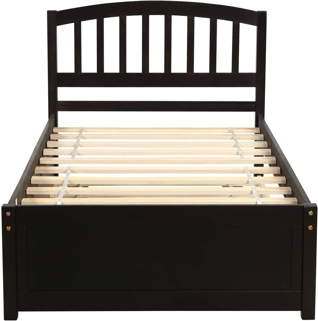 Modern Wood Platform Bed with Trundle and Headboard Classic Bed Frame No Box Spring Needed/Easy Assembly, Twin Espresso