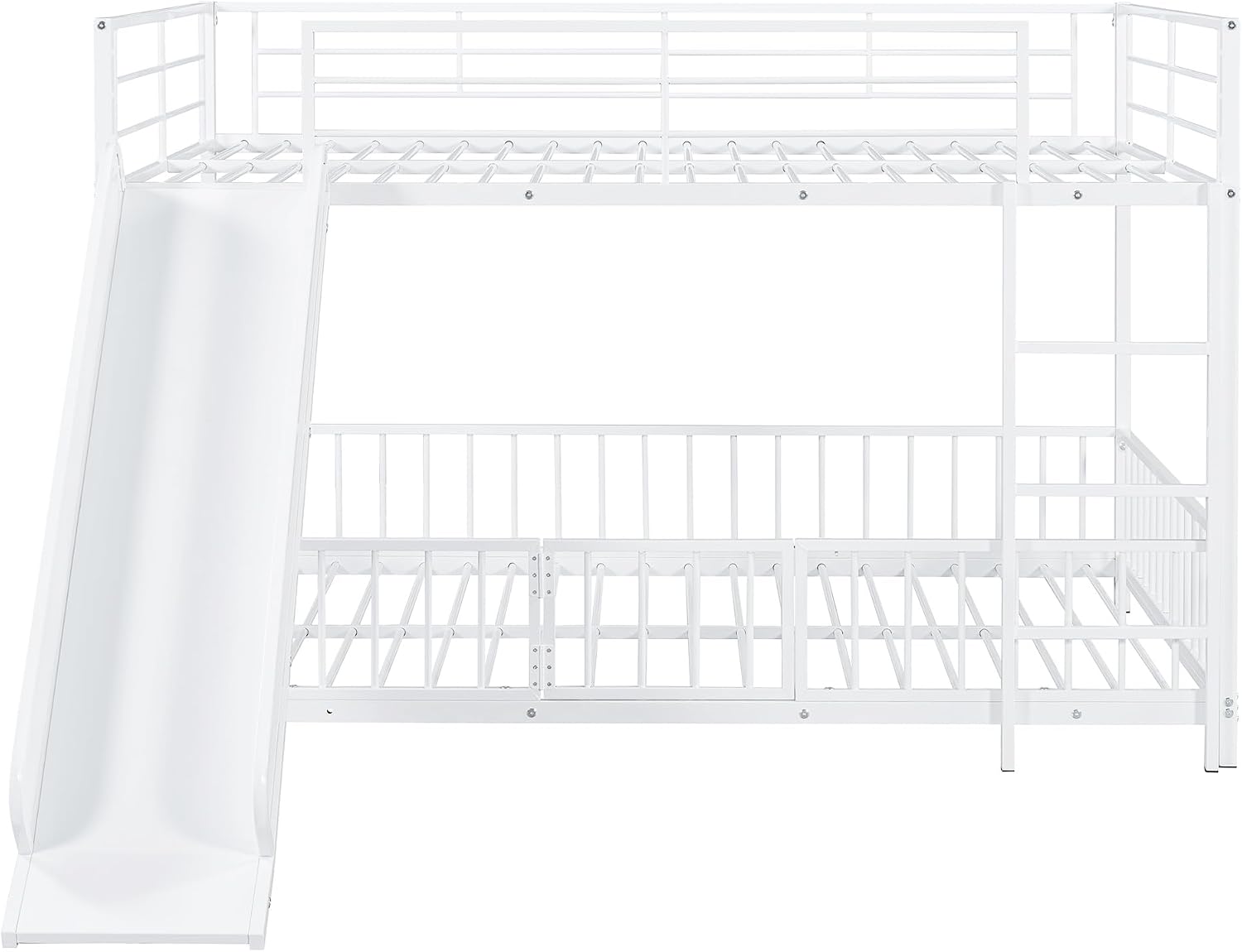 JIVOIT Metal Bunk Bed Frame with Slide and Ladder, Full Over Full Bunk Bed Size with Metal Slats Support, Full-Length Guardrail, Heavy Duty Metal Low Bunk Bed, No Box Spring Needed (White,Full,09)