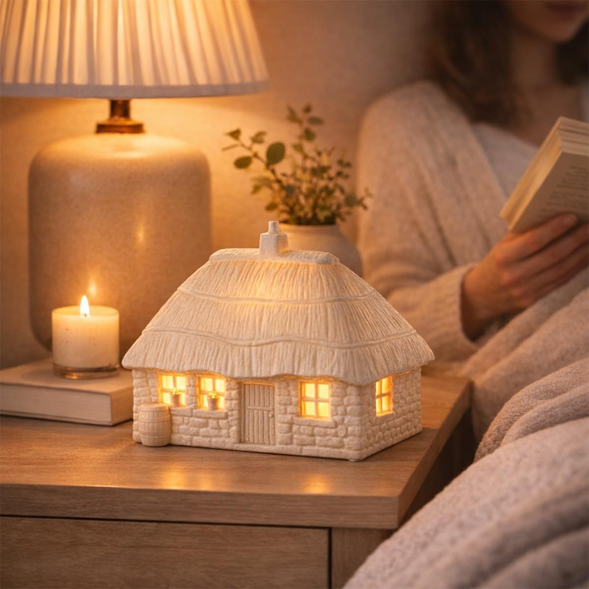 Belleek Classic Thatched Cottage Luminaire, 6.5-Inch H x 10-Inch L x 5.3-Inch W Handcrafted Irish Porcelain Figurine Lamp