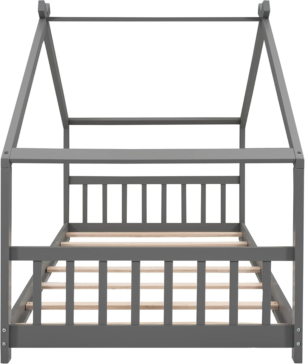 JIVOIT Twin Size Wood House Bed, Solid Wood Tent Bed Canopy Bed Frame with Roof Design, Twin Floor Bed with Wood Slats Support, No Box Spring Needed (Gray-Twin-Pinewood)