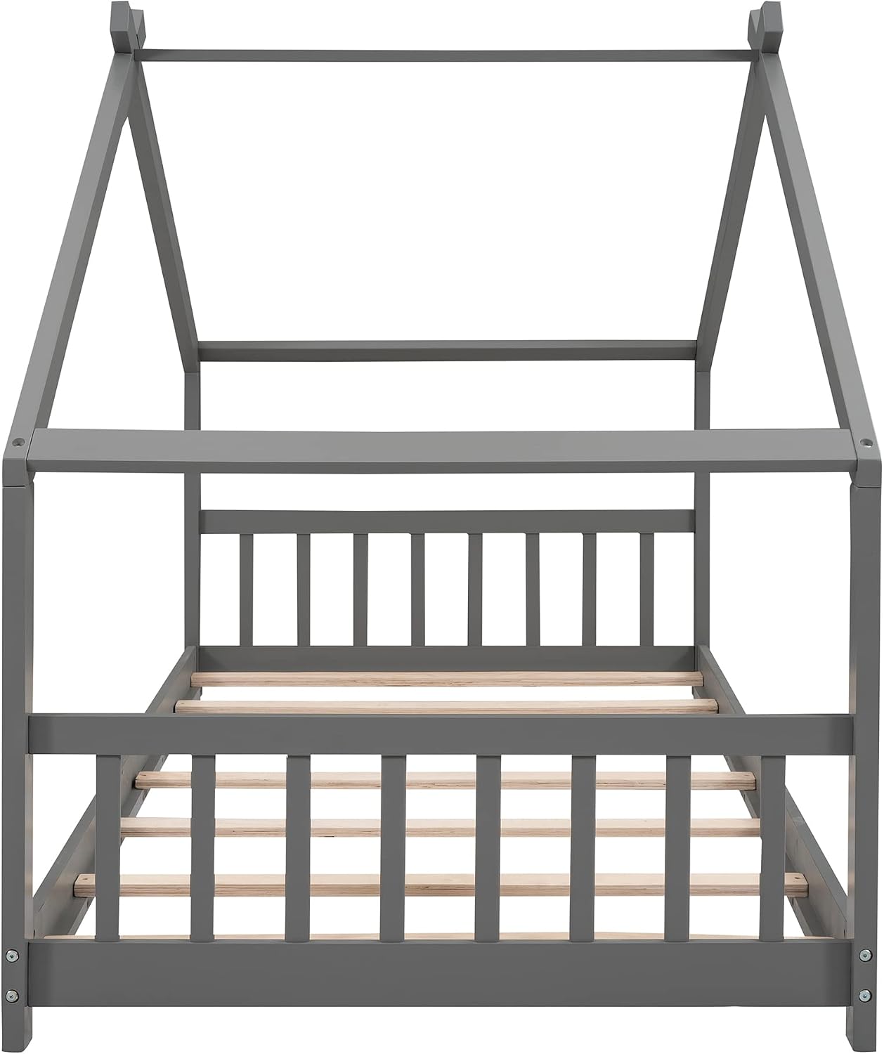 JIVOIT Twin Size Wood House Bed, Solid Wood Tent Bed Canopy Bed Frame with Roof Design, Twin Floor Bed with Wood Slats Support, No Box Spring Needed (Gray-Twin-Pinewood)