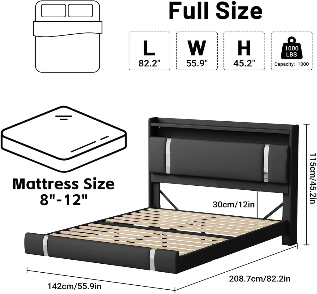 Floating Bed Frame, Full Size Platform Bed Frame with LED and Charging Station, Modern Black Metal Platform Full Bed with Storage Headboard, Upholstered Platform Bed Frame, No Box Spring Needed