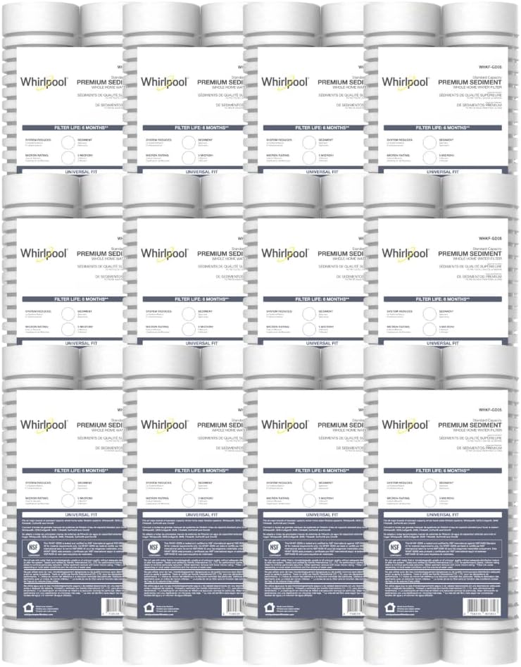 Whirlpool 10' x 2.5' Whole House Sediment Water Filters. WHKF-GD05 Grooved Filter, 5 Micron, NSF Certified Reduces Sand, Soil, Silt & Rust for Standard Filter Housings, 24-Pack