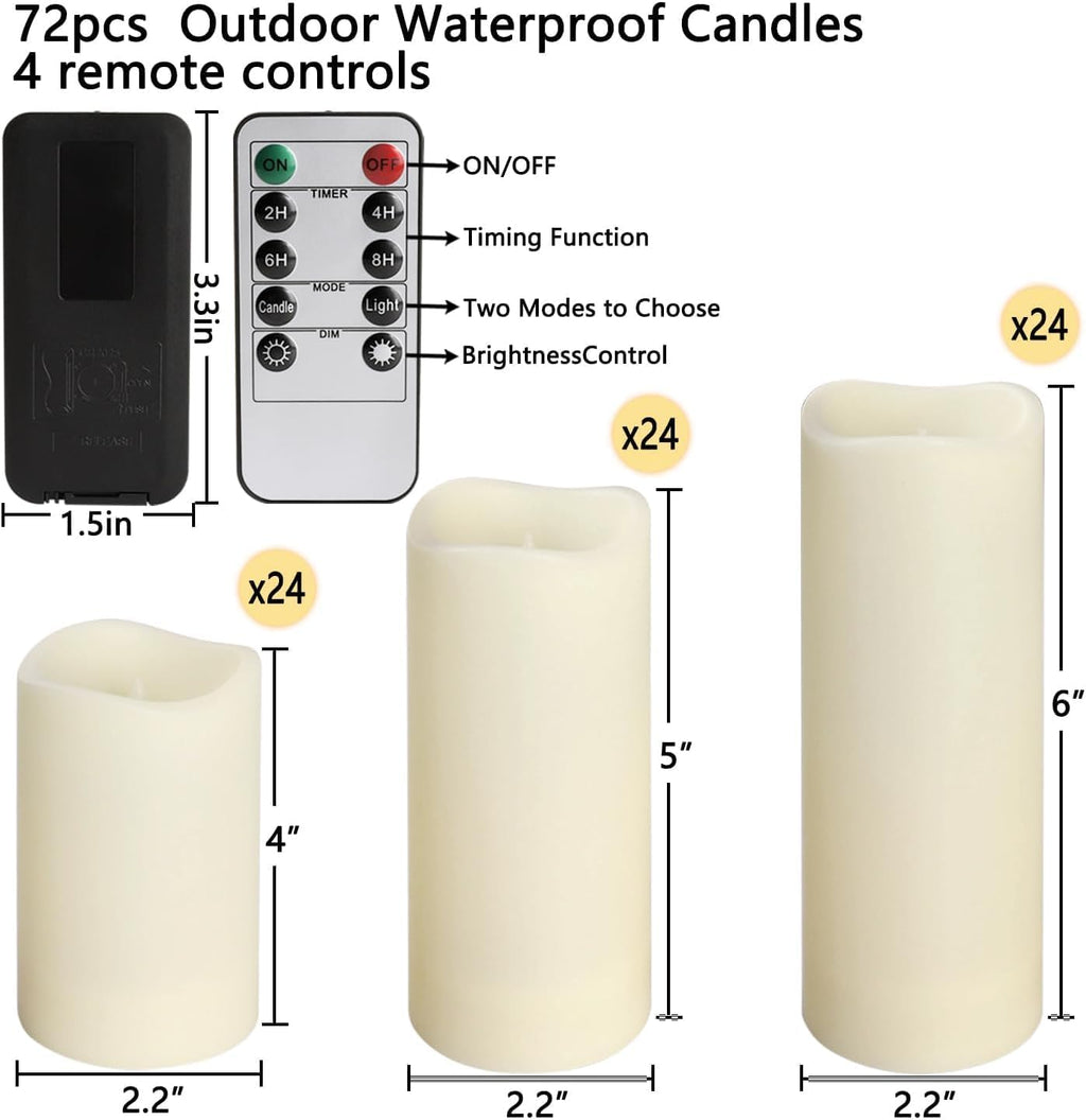 YOROXRG Set of 72 Waterproof Outdoor Flameless Candles, LED Candles with 4 Remote and Timer,(H 4' 5' 6' x D 2.2'),for Halloween Wedding Festiv