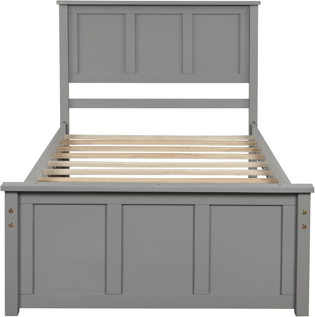 Twin Platform Bed with 2 Drawers and Headboard, Solid Wooden Twin Size Bed Frame with Storage and Wood Slats, Twin Size Platform Bed for Kids,Teens,Adults (Grey)