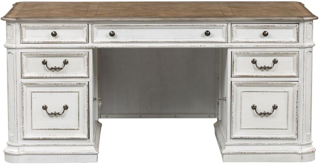 Liberty Furniture Magnolia Manor Complete 5 Piece Desk Set for Home Office - Antique White & Weathered Bark
