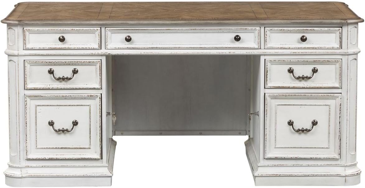 Liberty Furniture Magnolia Manor Complete 5 Piece Desk Set for Home Office - Antique White & Weathered Bark