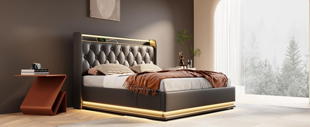 Twin Size Upholstered Bed Frame with 360° LED Lights, Hydraulic Storage, USB Charging, Modern Platform Bed with Headboard, Remote App Control for Teen, Guest Room, Small Space (Black + Queen)