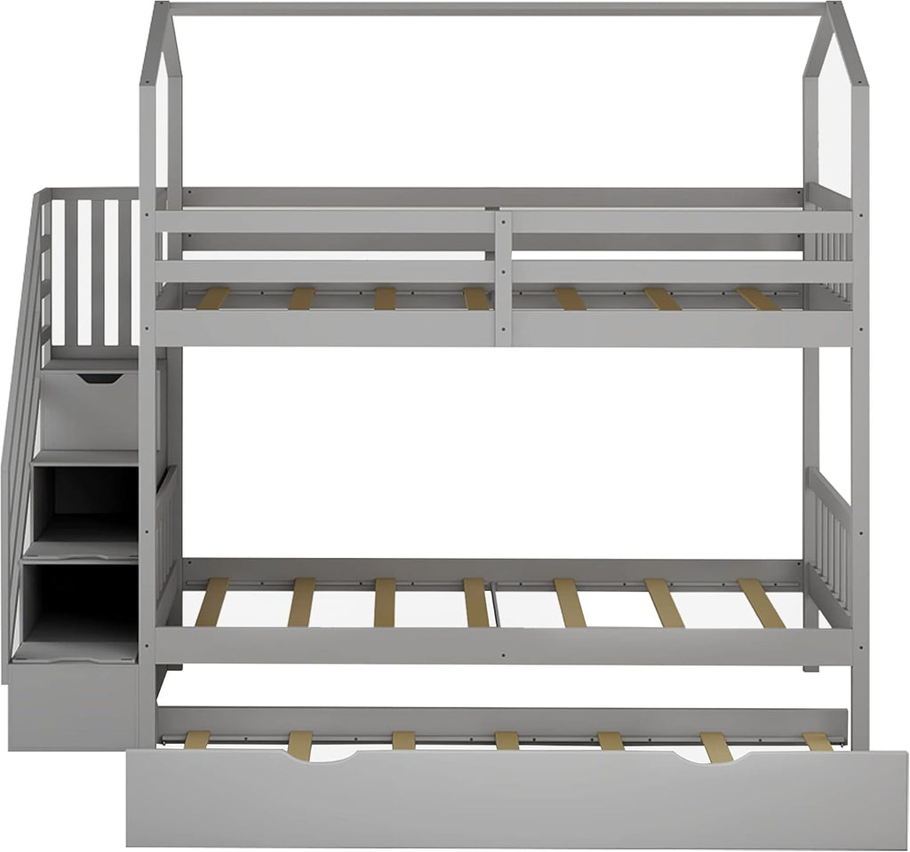 KLMM Twin Over Twin Bunk Bed for Kids Toddlers, House Bunk Bed Farm with Storage Steps and Trundle, Roof Guardrail for Girls/Boys, No Spring Box Required (Gray + Pine+Trundle)